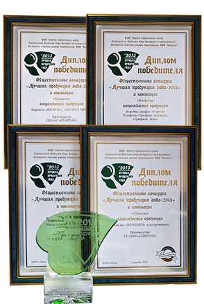 Дипломы и статуэтка общественного конкурса «Лучшая продукция года 2013»